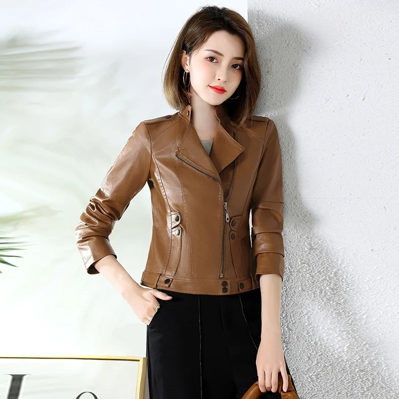 2023 Autumn Winter New Women Fashion Short Leather Female Temperament Slim Fit Large Size PU Leather Jacket Retro Casual Outwear