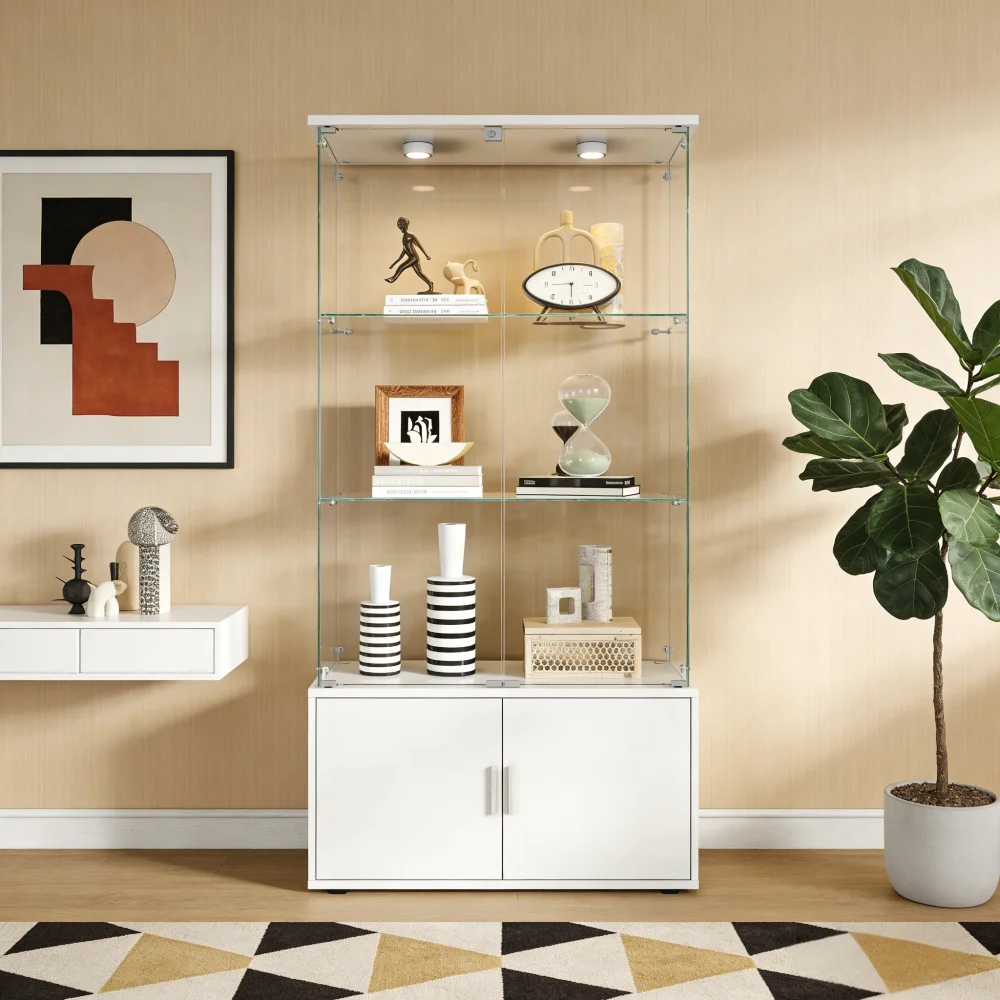 Double-door 4-layer Cabinet: Storage/Display/Wine/File, Remote PAIPAI Lights, Adjustable Feet, Living Room White