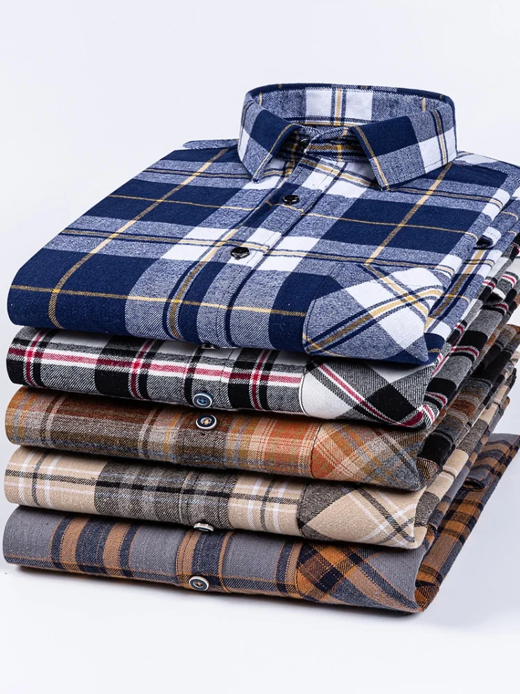 Męska 100% czystej bawełny flanelowa miękka, regularny krój, długa rękaw, szczotkowana koszula z jedną kieszenią, wygodne, codzienne koszule w kratę S-8XL — zdjęcie 2