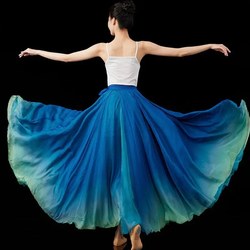 Costume de danse classique chinoise pour femmes, en mousseline de soie dégradée, grande balançoire, jupes de Flamenco, vêtements de danseuse traditionnelles pour spectacle sur scène