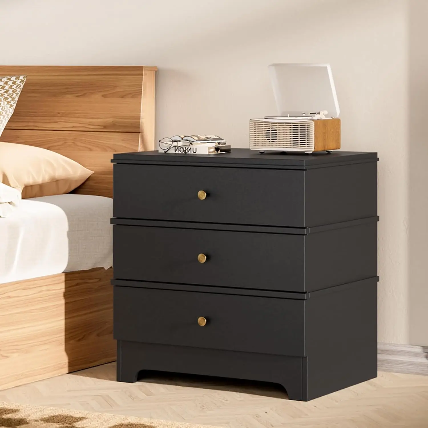 3 Drawer Nightstand with Charging Station Wood Bedside Cabinet for Bedroom Living Room Hallway 24 inch Black, Customized