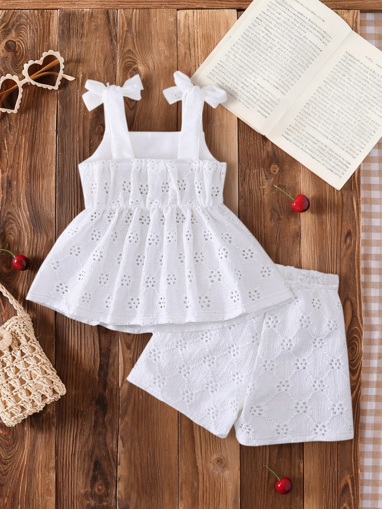 Baby Girl Eyelet Embroidery Summer Outfit, Bow‑Strap Cami Peplum Top + Matching Shorts 2‑Piece Clothing Set 6‑9M‑2‑3Y