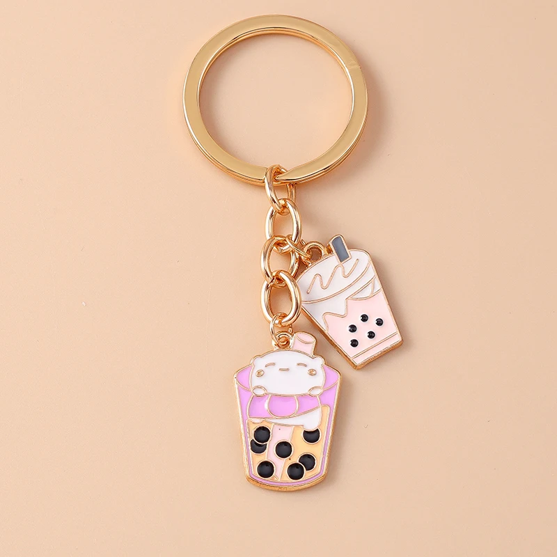 Cute Enamel Simulation Food Keychain Ice Cream Bubble Tea Key Ring Women Girls Handbag Pendants DIY Jewelry Gift