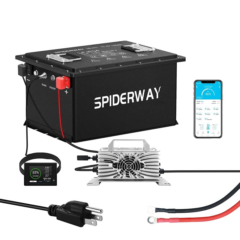 

New 48V 105Ah LiFePO4 Lithium Battery 200A BMS 6000+ Cycle with Charger for Golf Cart Solar Marine Off-Grid, Support Mobile APP