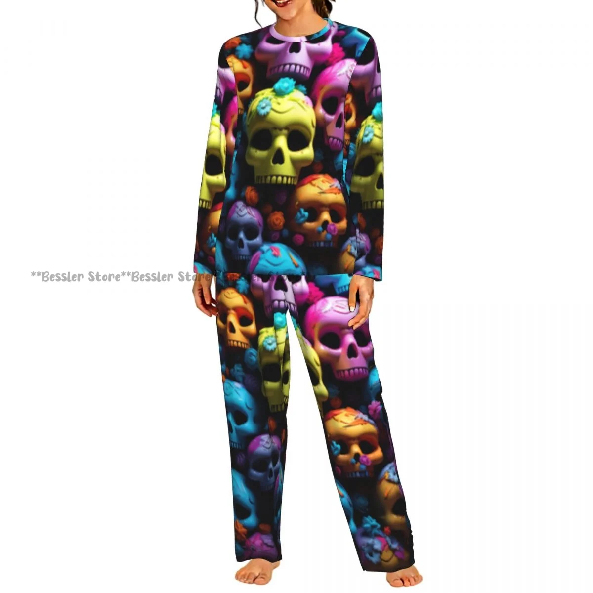 2 Piece Loungewear Women Pajama Sets Skulls Background Soft Homewear Sleepwear Long Sleeve Nightwear
