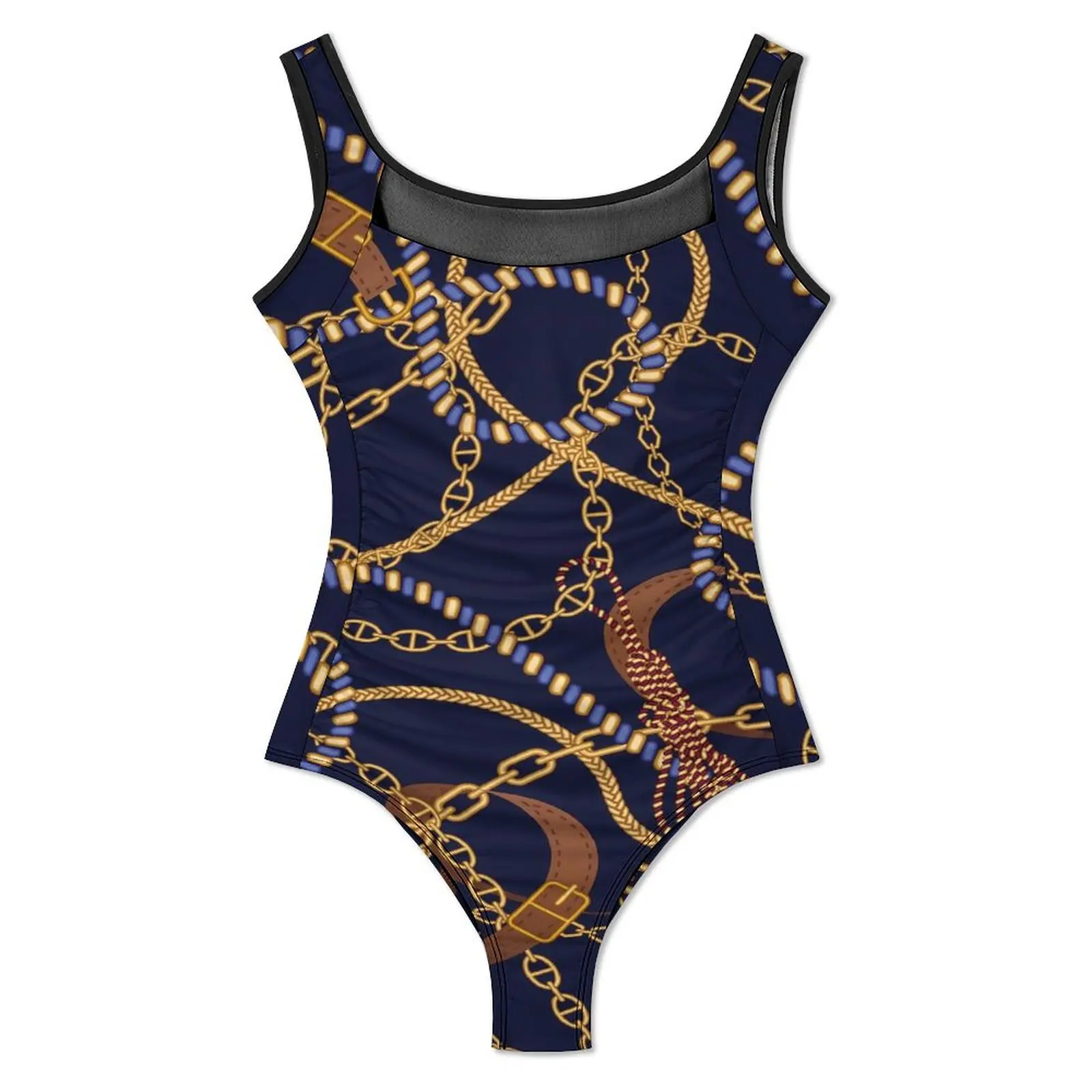 Gold Chain Swimsuit Sexy Belts Print Female Swimwear One Piece Korean Fashion Bodysuit Beach Push Up Sleeveless Bathing Suit