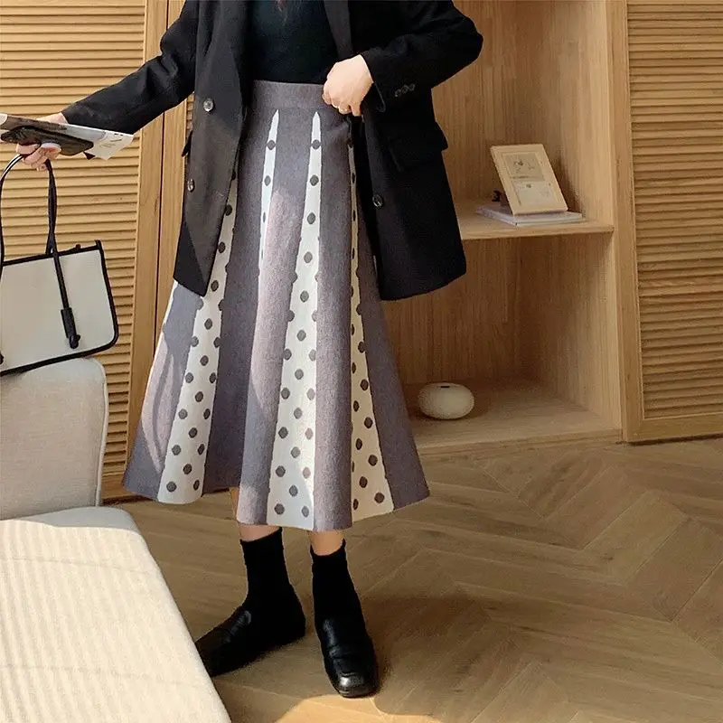 Knitted A-line Skirt with Large Hem for Women New Autumn and Winter Temperament Splicing Long Mid-length Polka-dot Wool Skirt