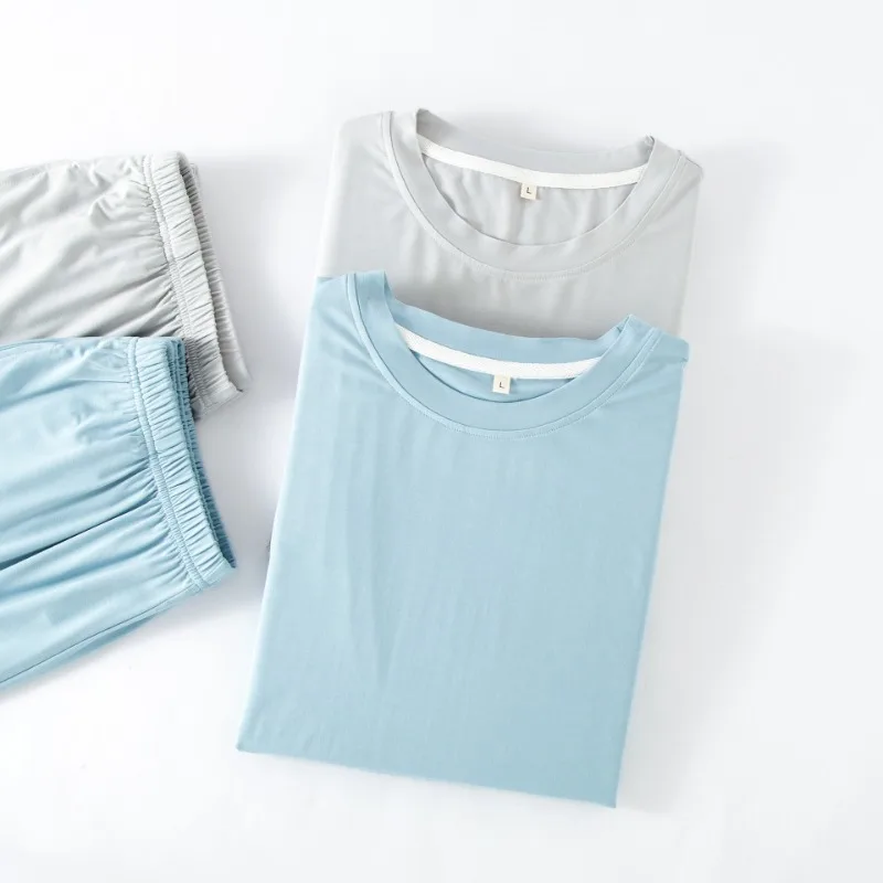 2025 Simple Solid Color Bamboo Fiber Men's Pajamas Short-sleeved Shorts Summer Thin Two-piece Loungewear O-Neck Pajama Sets