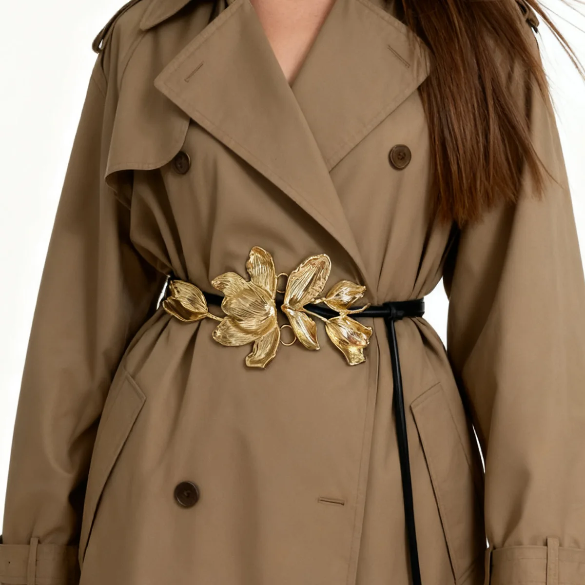 

Adjustable Rope Vintage Tulip Waist Chain Elegant Large Alloy Flower Belt for Women Waist Chain PU Leather Rope Belt Pants