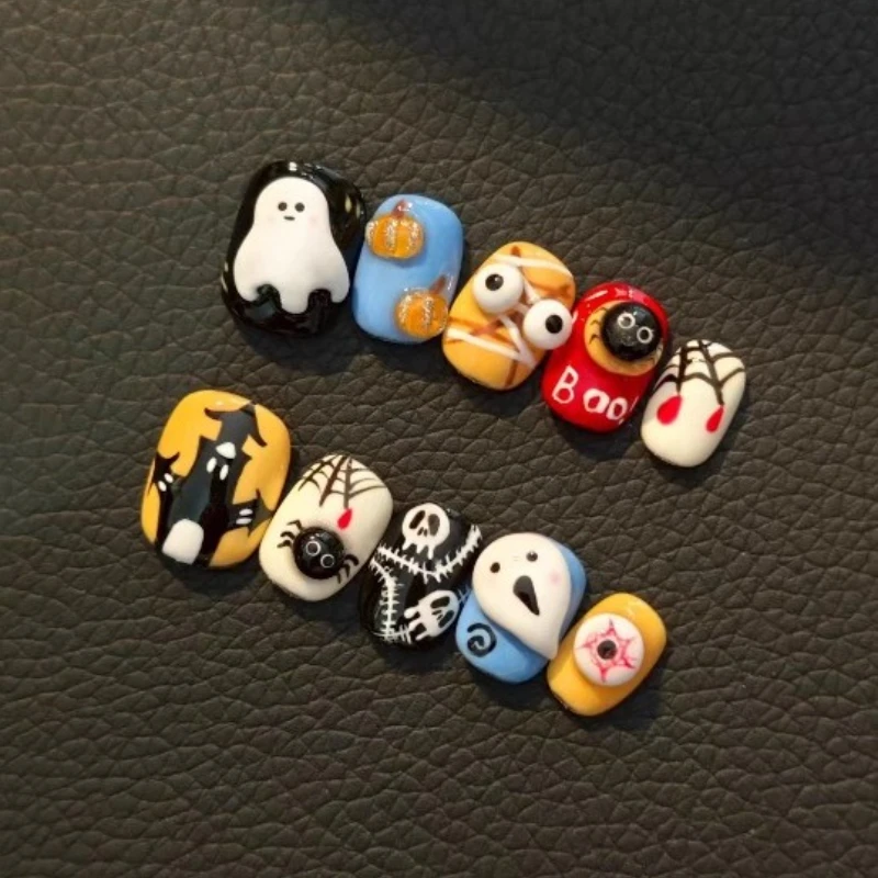 

10 Pieces Cute Ghost Spider Castle Handmade Press On Nails Halloween Pumpkin Ghost Short Fake Nails Removable Reusable
