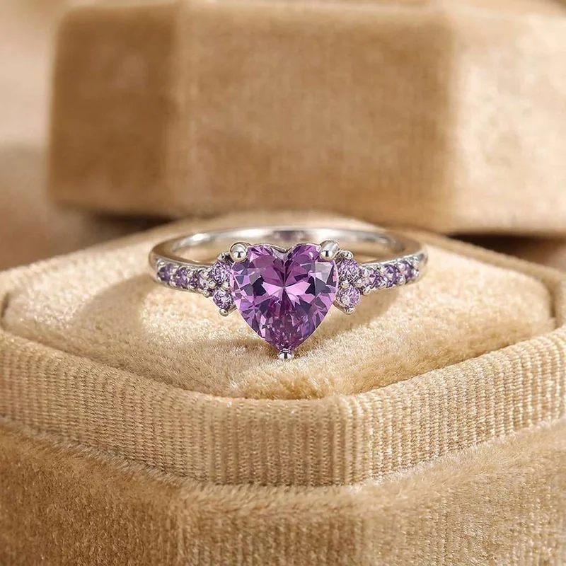 925 Sterling Silver White Heart Cubic Zirconia Rings for Women Unique Wedding Engagement Accessories Fancy Lady Romantic Jewelry