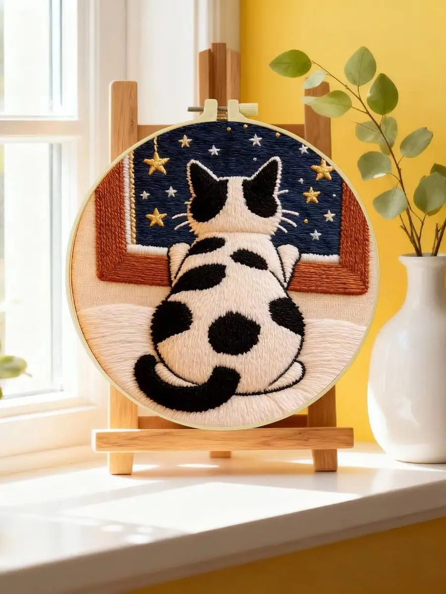 1 Stück 20X20CM/15X15CM 7,87/6,3 Zoll „Aus dem Fenster schauend auf die Katze“ Stickerei-Starter-Kit DIY-Kit DIY-Stickerei-Kit manualid – Detail 6
