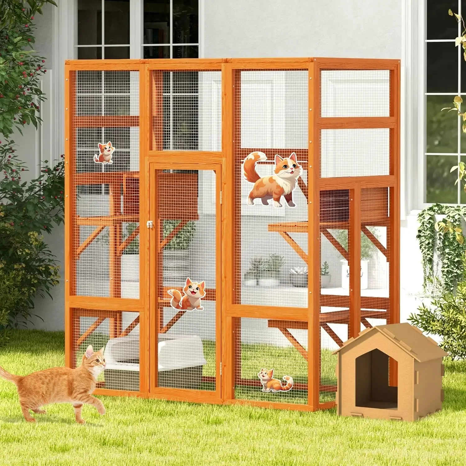 70Inches Large Spacious Wooden Outdoor Catio with Perches and Condos, Cat Catio Enclosures Indoor Kitty Window Kennel with Water