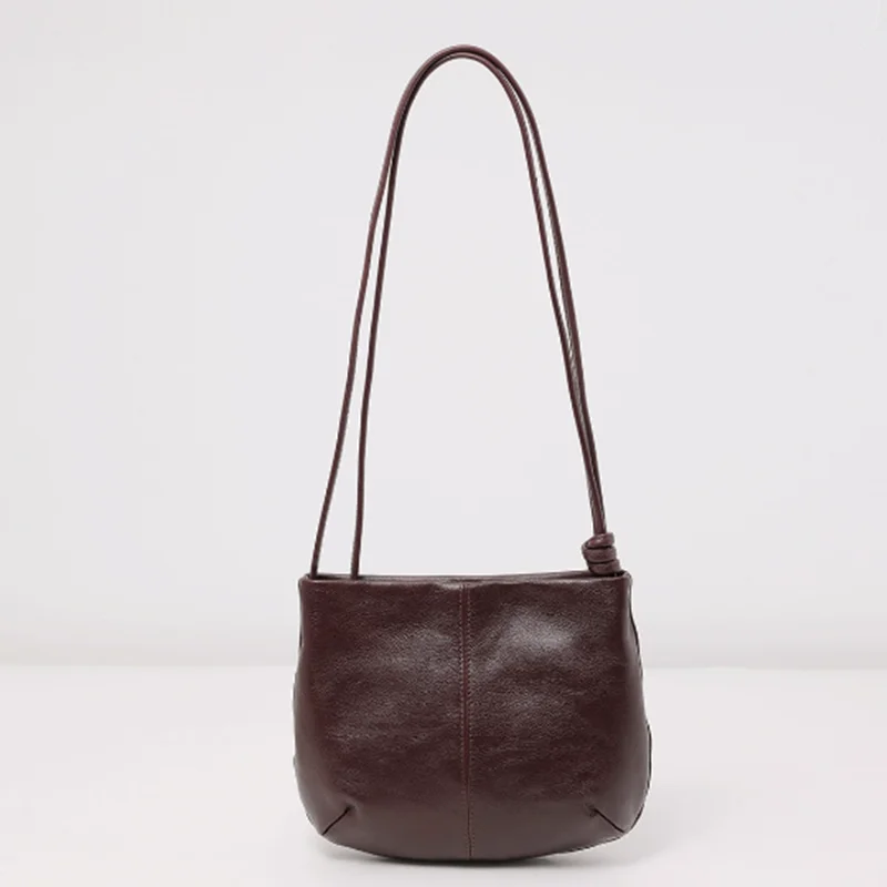 

Top-grain cowhide ultra-thin small bag, genuine leather retro semi-circular letter bag, women's single-shoulder crossbody bag