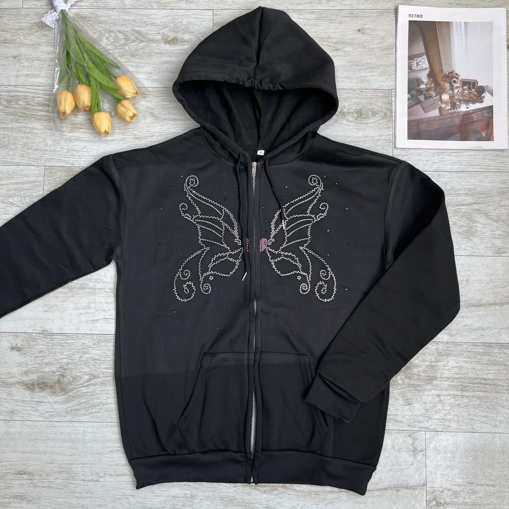 

2025 горный хрусталь принт готическая толстовка с капюшоном модная куртка женская Y2K хип-хоп пуловер с длинными рукавами свободная винтажная осенняя толстовка