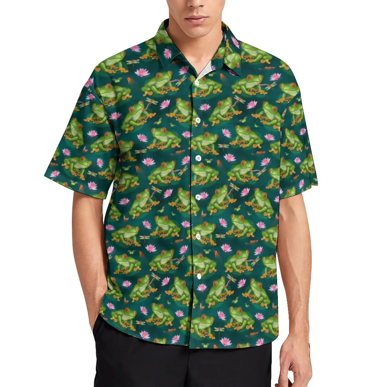 Frog Tropical Casual Shirts Lily Pad Dragonfly Fish Pond Animals Vacation Shirt Hawaii Y2K Blouses Male Pattern Plus Size 4XL