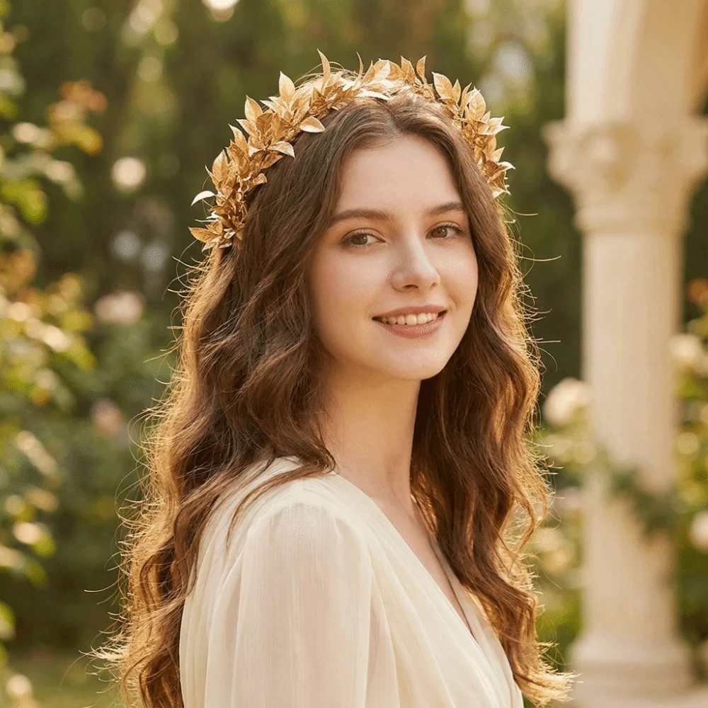 

Vintage Gold Bride Wreath Headband Handmade Braided Maple Leaf Wedding Crown Delicate Ribbon Headwear