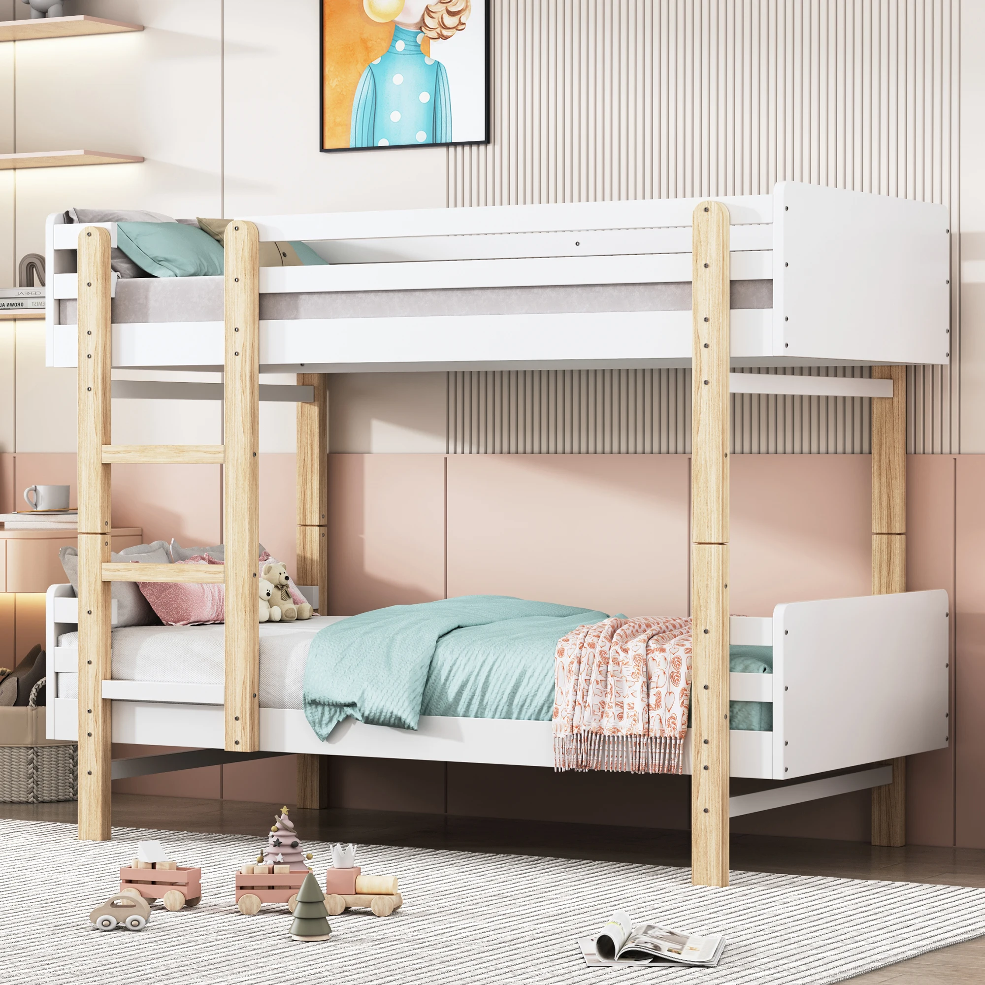 Children's bed bunk bed 90x190 cm, solid wood bed frame, convertible into two platform beds, White