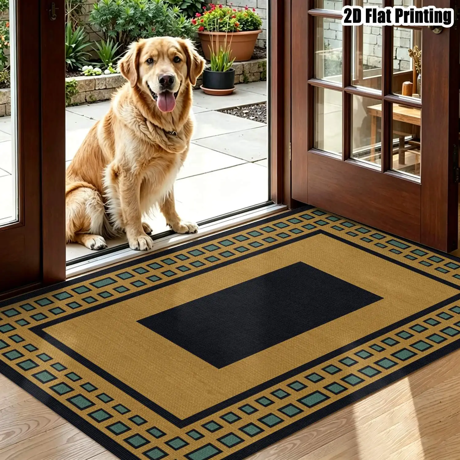 1Pc 2D Printed Carpet: Black & Gold Geometric Border, Modern Minimalist Vintage European Style, Multi-Size Machine Washable, for Home Decor, Entrance, Living Room, Bedroom, Dining Room & Study