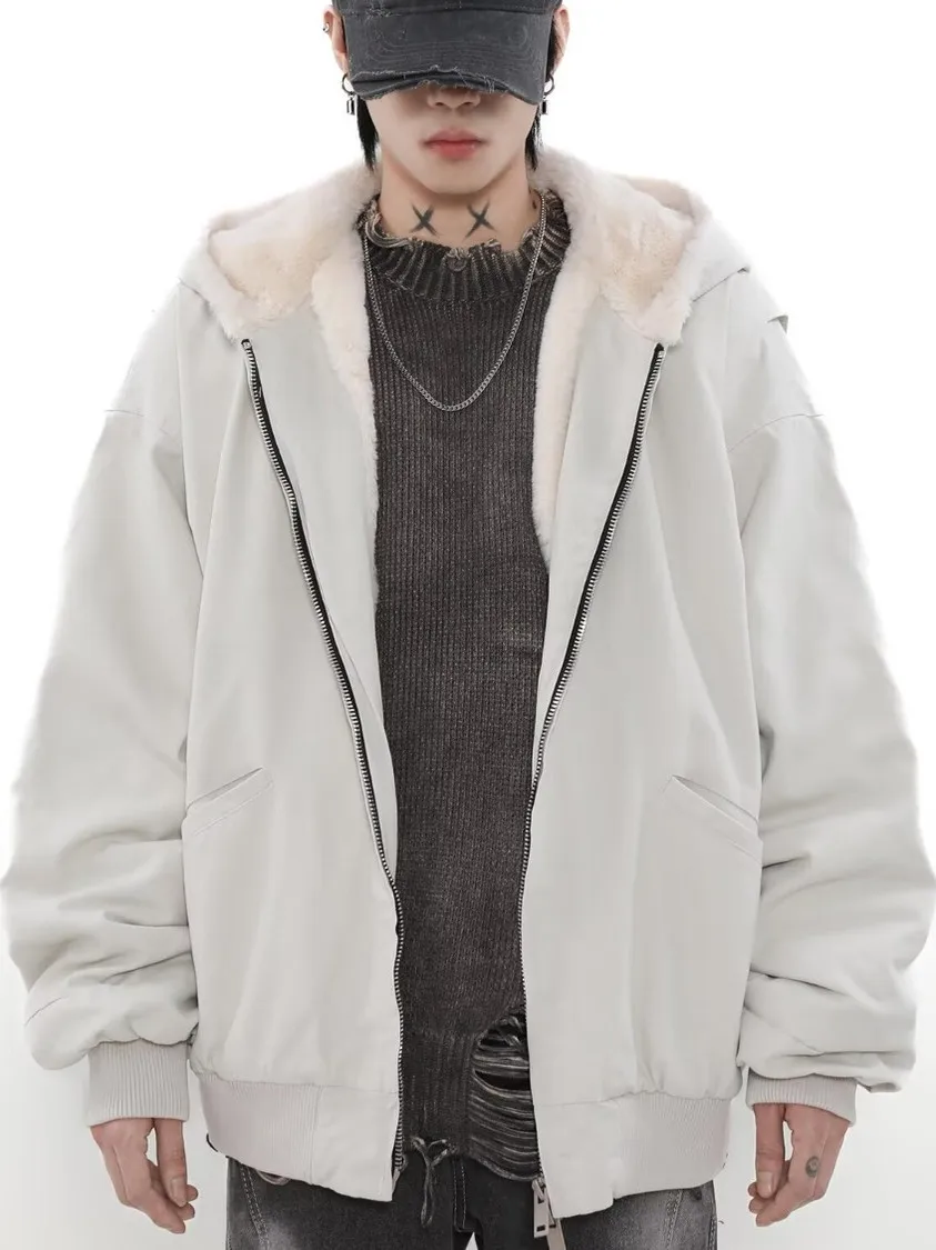 

Thiened Faux Rabbit Fur Jaet with Hood Mountain Eagle American Sle Cotton Men's Winter Warm Loose Cotton Coat