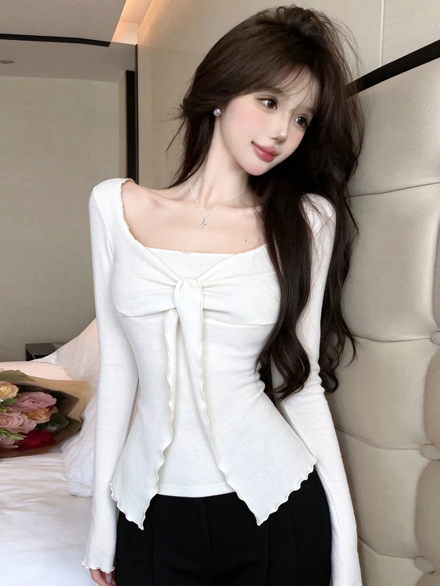 Early Autumn Pure Desire Knot Tied Fake Two-Piece Slim Long Sleeve Bottoming Top Small Audience Design Sensation Shoulder
