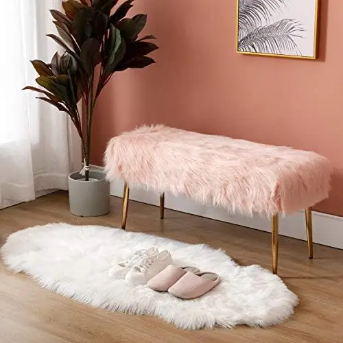 

H&Y Faux Fur Pink Ottoman Bench Modern Shaggy Long Hair Upholstered Bench with Metal Legs Stool for Entryway Bedroom Living Cow