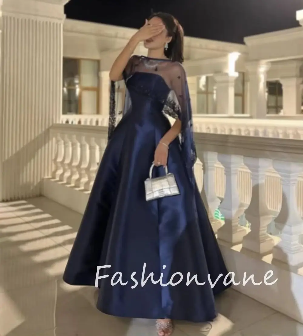 Fashionvane Синие платья для выпускного вечера с шалью по индивидуальному заказу Саудовская Аравия Женское атласное вечернее платье трапециевидной формы без бретелек без рукавов