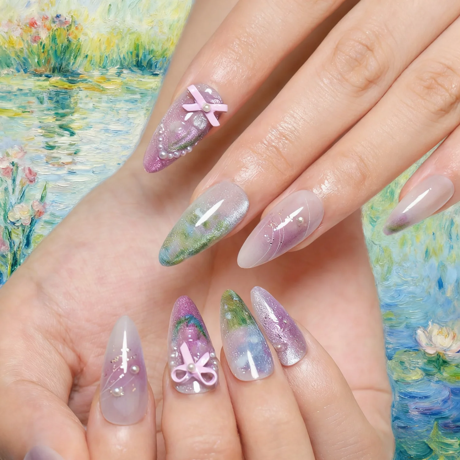 24 stks Middellange Druk Op Nagels Glitter Paars Nep Nagel Patches Met 3D Boog Parel Ontwerpen Zoete Ins Stijl Valse Nagel Tips