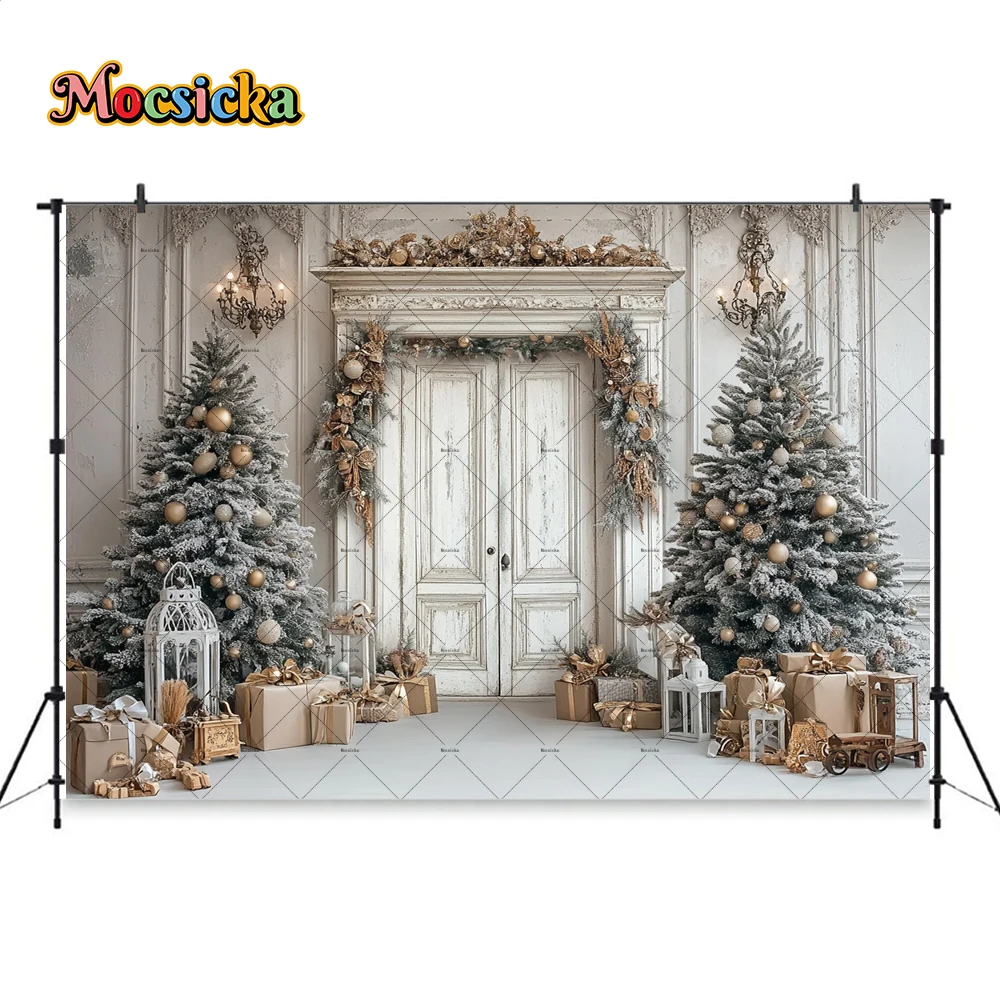 خلفية باب خشبي لعيد الميلاد أبيض ، خلفية تصوير عتيقة ، شجرة صنوبر لغرفة الكريسماس ، خلفية فانوس ، استوديو صور لحفلة المنزل ، هدية للطفل