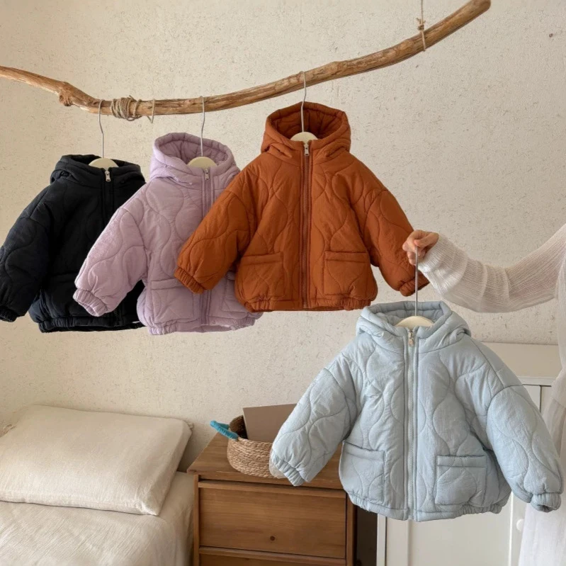 2026 Autumn Winter Baby Boy Girl Cotton-Padded Jacket Kids Wave Stitching Zipper Casual Warm Hooded Outerwear  Children Clothing