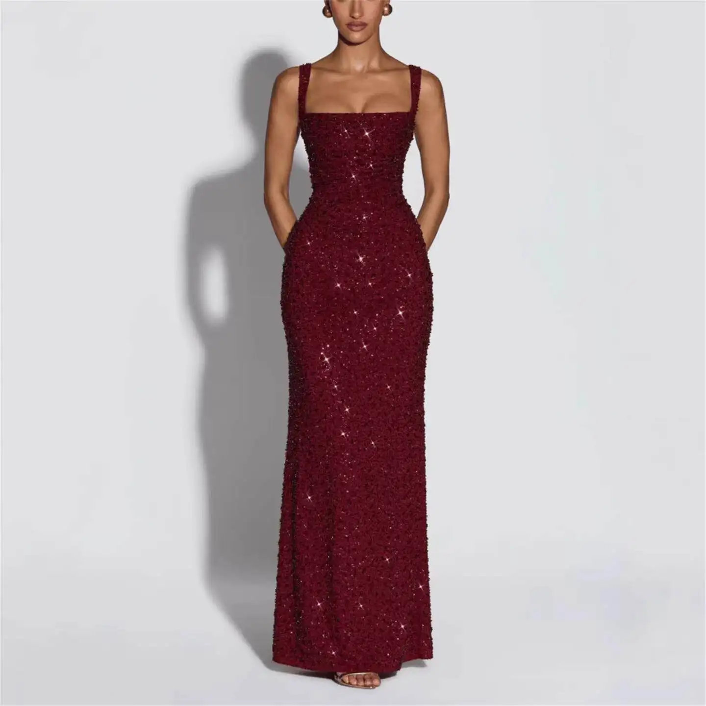 

Handmade Shiny Sequin Halter Dress Women's Slim Fit Bodycon Midi Dress mid Waist No Sleeve Three Acetate Fiber Citywalk Dress