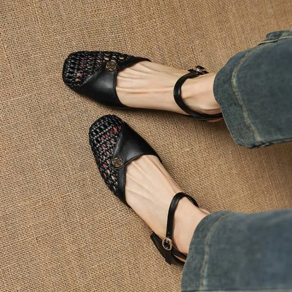 

Pumps Spring Autumn Fashion New Model Low Heel Nude Shoes Square Head Asakuchi Buckle Mesh Hollowed-out Women's Shoes High 3.5cm