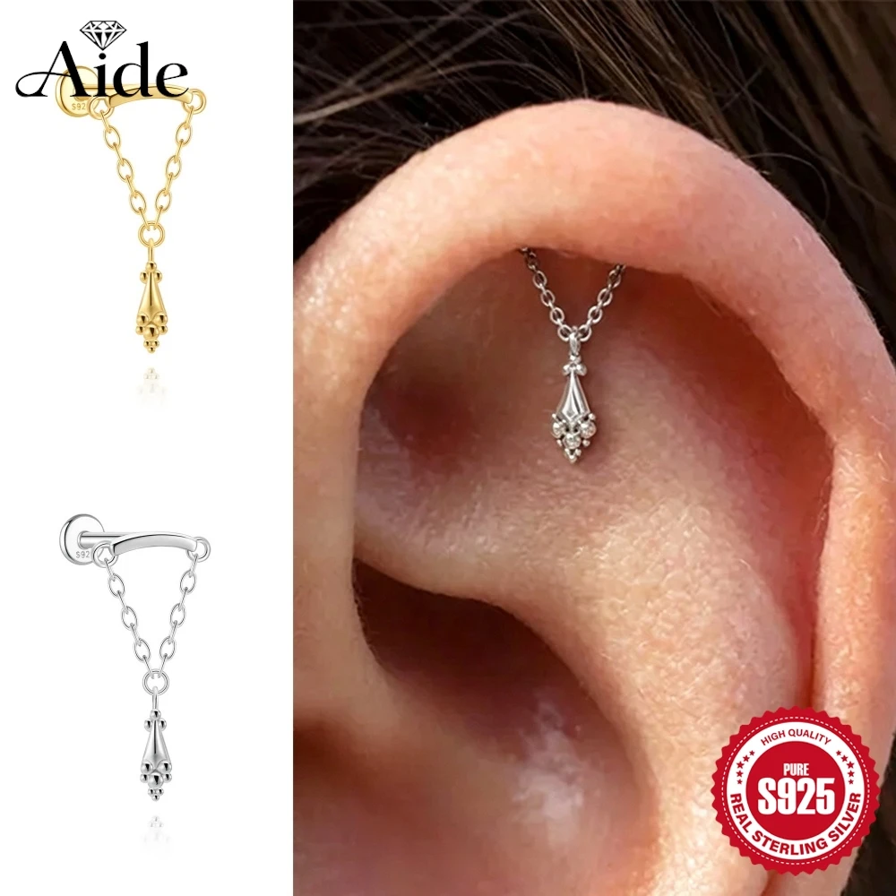 AIDE 925 Sterling Silber Geometrische Glatte Ketten-Quasten-Ohrringe für Damen, Knorpel-Spiral-Piercing, flache Rückseite, zum Schlafen tragbar