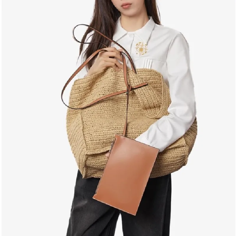 

Women's Large Capacity Shoulder Bag Summer Straw Woven Basket Handbag Fashion Female Luxury Designer Beach Bag Bali Shopper Tote