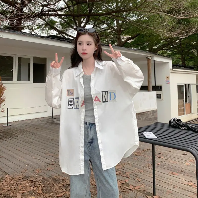 

Pure Cotton Long Sleeve Letter Print Casual Shirt Women's Autumn Versatile Inner And Outer Wear Top Loose Fit Style