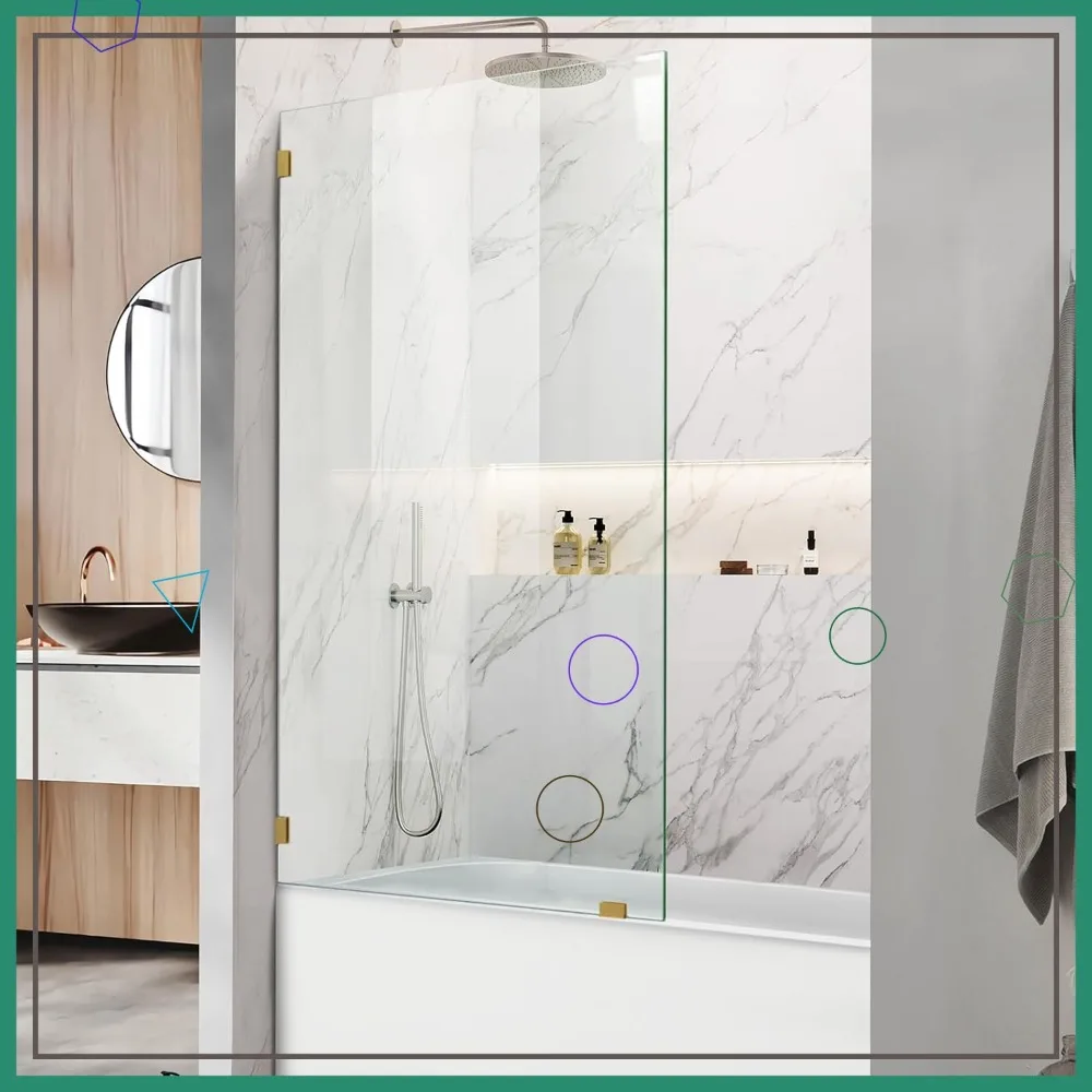 

34x58 Inch Frameless Fixed Shower Glass Panel, 1/4" Tempered Clear Glass with Brushed Gold Clamps