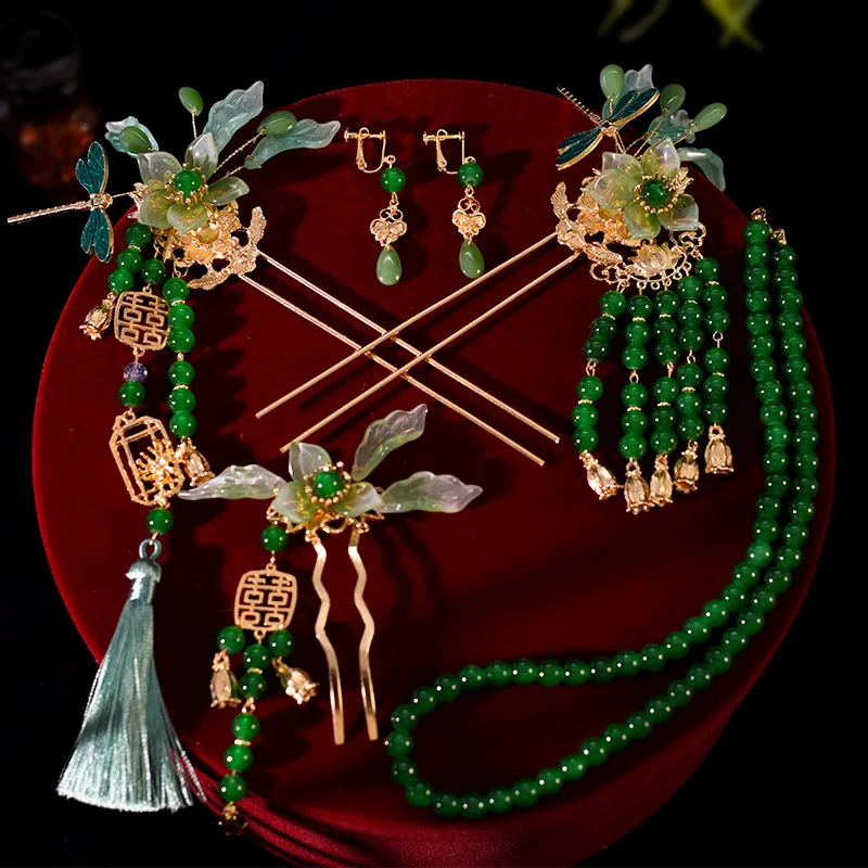 

New Chinese Style Emerald Necklace Flower Hair Clip Green Tassel Hairpin Ear Clip Jewelry Sets Elegant Hair Accessories