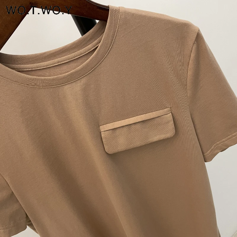 WOTWOY T-shirt décontracté d'été pour femme avec faux ket One-Ne Design confortable 00% autres matériaux Faionable Dr