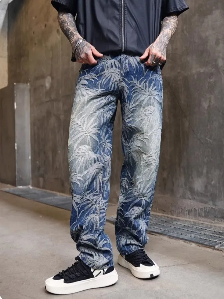 الهيب هوب خمر رجل الجينز فضفاضة تناسب مستقيم السراويل مصمم شارع العليا ربيع الخريف جديد الرجال المطبوعة عارضة الدنيم السراويل