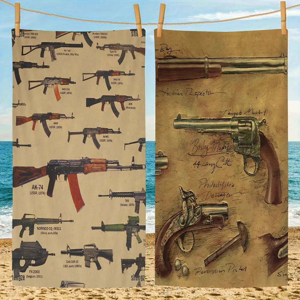 Retro Silahlar Grafik Mikrofiber Battaniye Çabuk Kuruyan Plaj Havlusu Büyük Boy Baskı Süper Emici Havuz Havlusu Battaniye