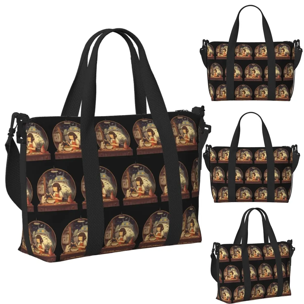 

Custom Dark Ghibli Beach Travel Bag Large Capacity Tote Bags for Gym Yoga Women Shopping Duffle Shoulder Bag