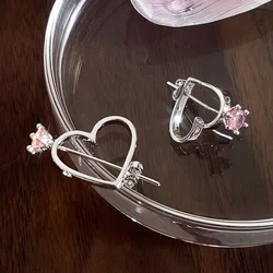 Korean Fashion Temperament One Arrow Piercing Heart Love Pink White Zircon Crystal Earrings for Women Heart Earrings Jewelry