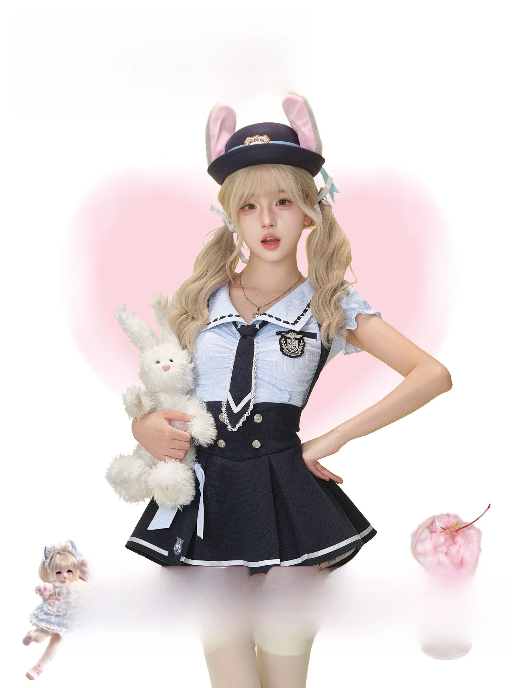 

Милый комплект для девочки: синий комбинезон с кроликом-полицейским, галстук-бабочка, синий комбинезон, комплект из двух предметов, круглый вырез ...