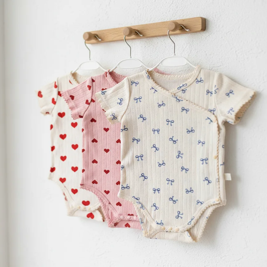 Somenie Baby Climbing Suit Female Treasure Summer Lace Fart Bag Foreign Style Printing Short Sleeve Onesie Triangle Romper
