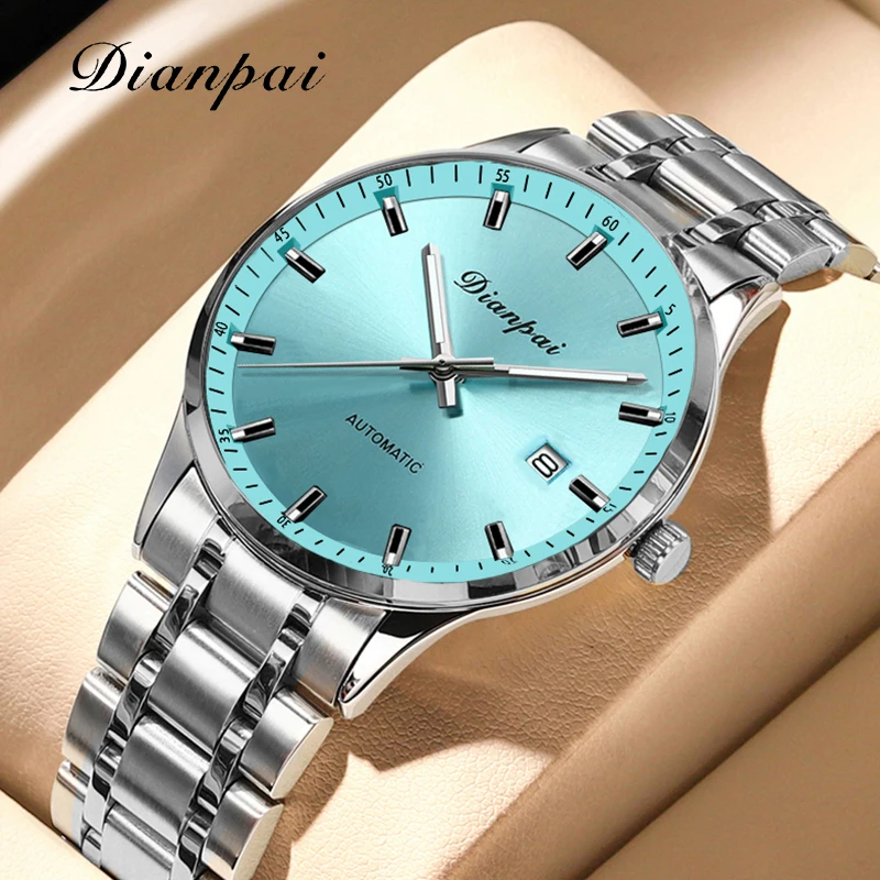 ساعة Dianpai الجديدة للرجال ميكانيكية أوتوماتيكية بالكامل بتقويم من الفولاذ المقاوم للصدأ للرجال مقاومة للماء باللون الأزرق المضيء #2