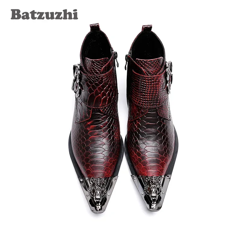 Batzuzhi Korean Type Fashion Men Boots botas hombre Leather Dress Boots Pointed Metal Tip Wine Red Party and Wedding Boots Men