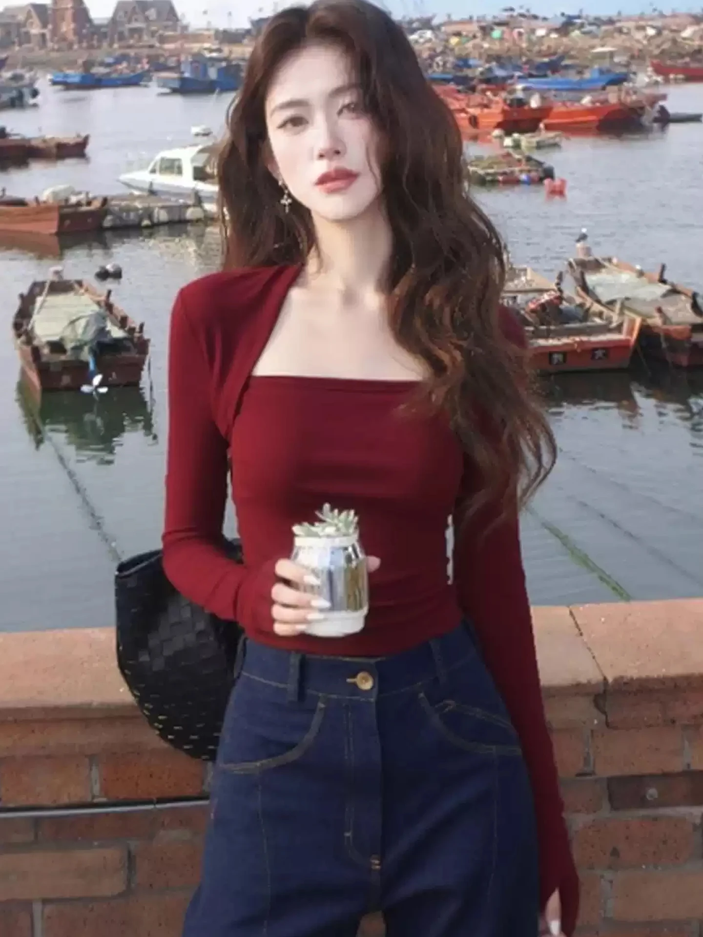 

Early Spring Winter Design Red Knitted Top Slim Fit Square Collar Women's Inner Wear Soft Korean Sle Commute Faion