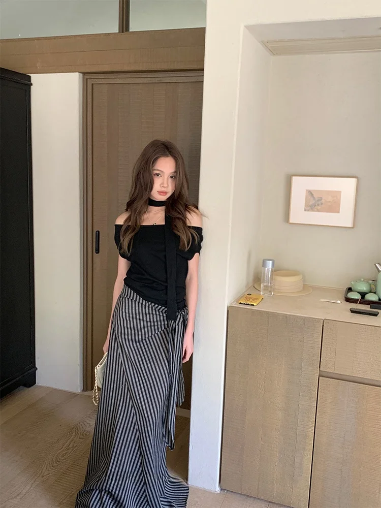 

Женская юбка в полоску с завязками по бокам Design Sensation, новинка лета 2025 года, прямая длинная юбка с высокой талией