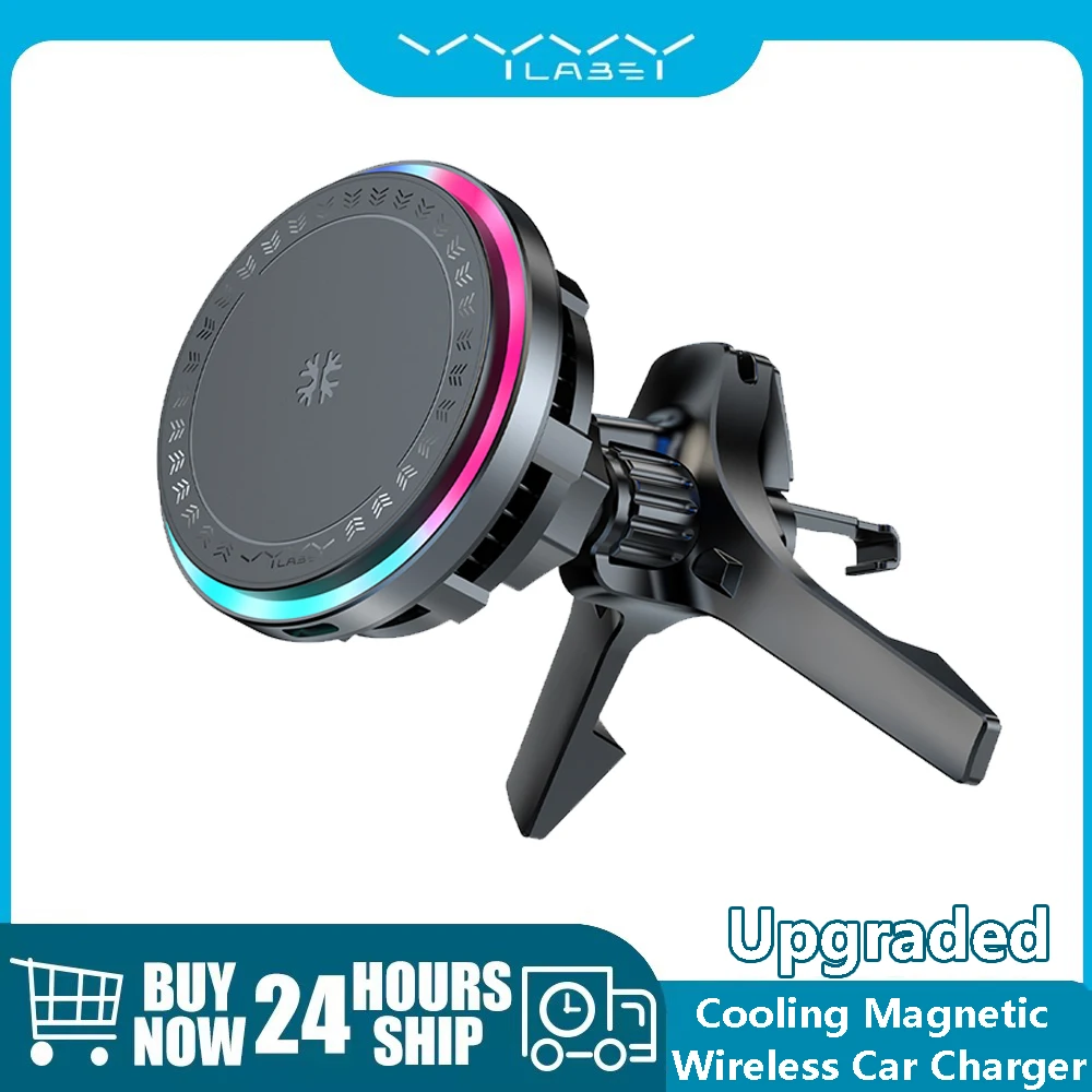 

Vyvylabs Cooling Magnetic Wireless Car Charger 15W RGB Phone Mount Universal Phone Holder Stand for iPhone 12-16 Car Air Vent
