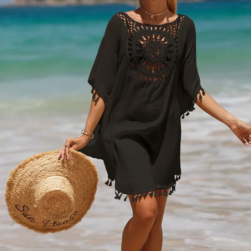 New Beach Cover Up for Women Knitted Sunflower Beach Wear Solid Fringe Tunic Ladies White Bathing Suit Cover-ups Bikini Ups